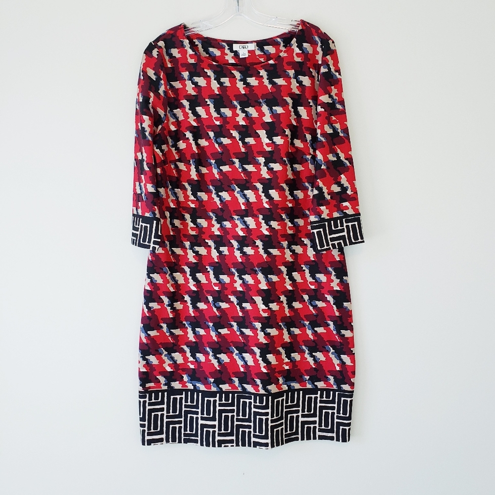 Cato Shift Dress Long Sleeve Mod Geo Print Retro Red Black Cream Size Large - Picture 3 of 11